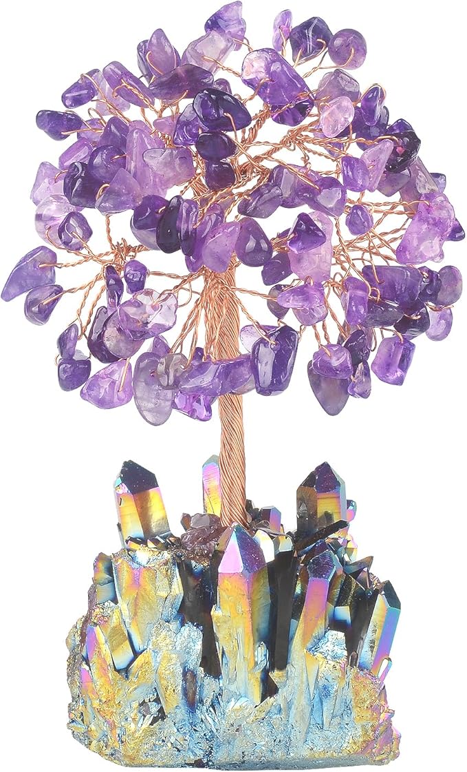 Natural Amethyst Crystal Tree of Life with Quartz Cluster Rainbow Titanium Crystal Base,Chakra Energy Healing Feng Shui Bonsai Money Tree Spritual Gift for Wealth and Luck