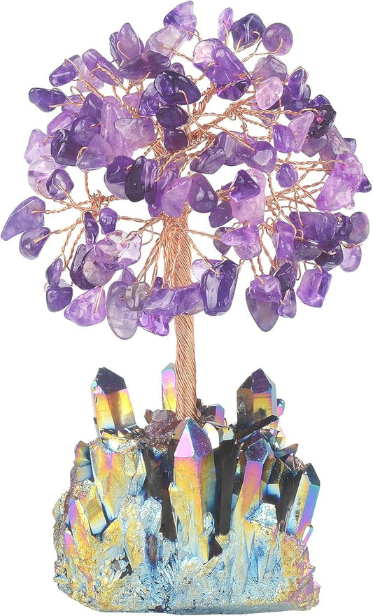 Natural Amethyst Crystal Tree of Life with Quartz Cluster Rainbow Titanium Crystal Base,Chakra Energy Healing Feng Shui Bonsai Money Tree Spritual Gift for Wealth and Luck