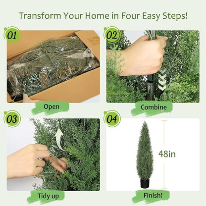 Artificial Cedar Topiary 4 FT Faux Cedar Trees for Outdoor Planters Evergreen Plant, 48 inch UV Rated and Lush Fake Cypress Tree Shrubs for Gateway Front Door Porch Patio Garden, Set of 2