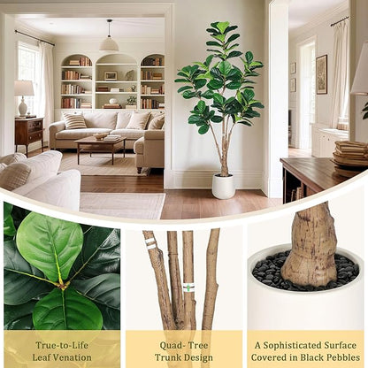 Artificial Fiddle Leaf Fig Tree with White Planter and Black Pebble, 6 FT Faux Ficus Lyrata with Thick Trunk and Emerald Leaves, Fake Ficus Tree for Hotel, Shop, Modern Home Indoor Decoration