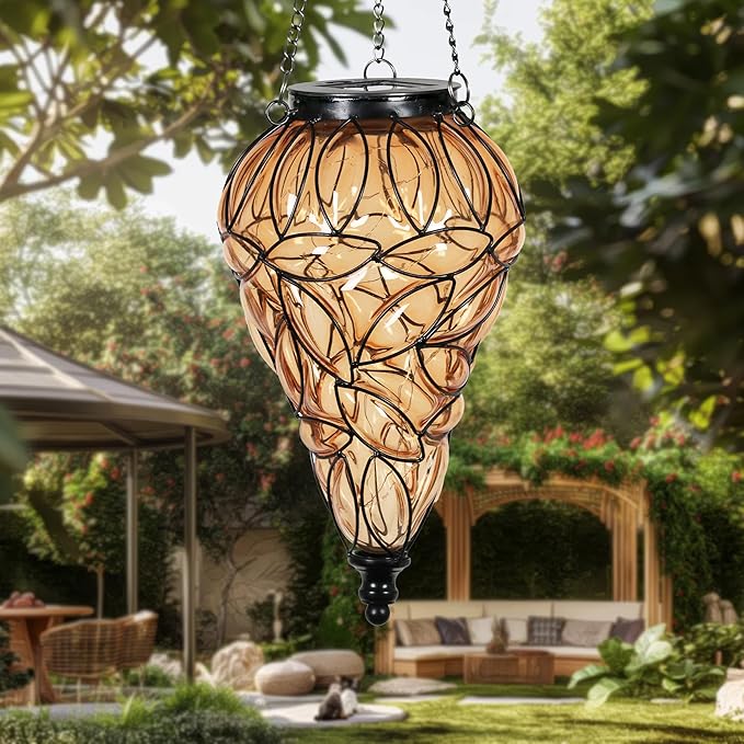 Solar Hanging Lantern Outdoor Garden Lights, Tear-Shaped Glass and Metal Hanging Lantern, 15 Firefly LED Lights, 7 x 24 Inch (Amber)