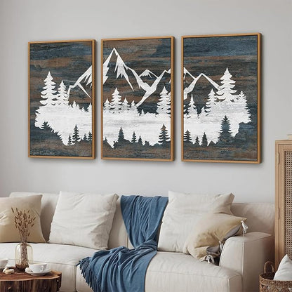 Rantodecor Vintage Mountain Framed Canvas Wall Art, White Snowy Nature Landscape Wall Decor, Rustic Wilderness Forest Art Paintings, Modern Farmhouse Artwork for Bedroom Living Room Office 16"x24"x3
