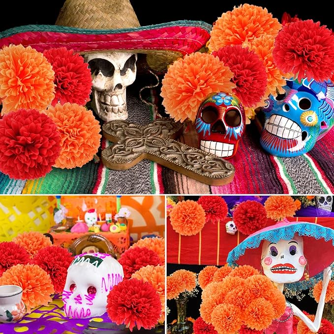 Hananona 12 Pcs Artificial Chrysanthemums Flowers Marigolds Ball Flower, Orange Fake Mums Silk Fall Flowers for Autumn Dia de Los Muertos Home Decor Day of The Dead Table Centerpiece (12, Orange)