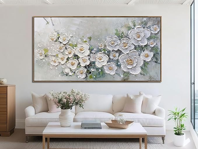 Brushart Large White Flower Wall Art Textured Floral Canvas Wall Art Decor Pictures Paintings Artwork for Living Room Dining Room Bedroom Home Office, Framed 48"x24"