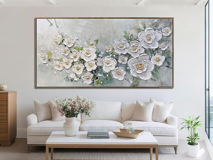 Brushart Large White Flower Wall Art Textured Floral Canvas Wall Art Decor Pictures Paintings Artwork for Living Room Dining Room Bedroom Home Office, Framed 48"x24"