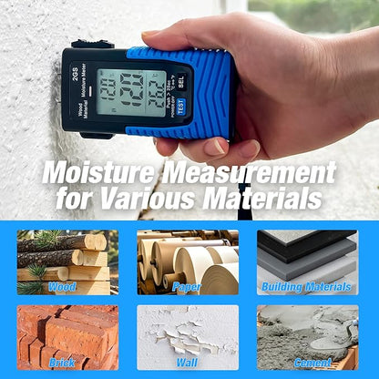 Digital Wood Moisture Meter, HOLDPEAK Pin Type Water Leak Detector Handheld Humidity Tester with LED Indicators, Temperature Measurement, Data Record, Moisture Tester for Firewood, Flooring, Drywall