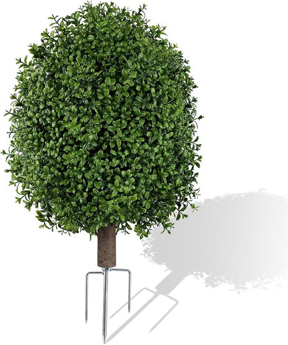 INSPRING 27'' Artificial Boxwood Topiary Trees Outdoor Fake Bushes Plants UV Resistant Evergreen Shrubs with Metal Ground Spike for Porch Patio Garden, 1 Pack