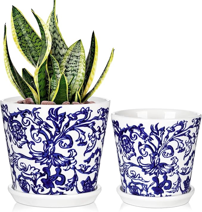 Blue and White Ceramic Planters Pots, Ceramic Flower Pots with Drainage Hole & Saucer, Indoor/Outdoor Ceramics Plant Pot for Succulents, Cactus, Flowers, Garden Home Tabletop Decor, 5+4 Inch Set of 2