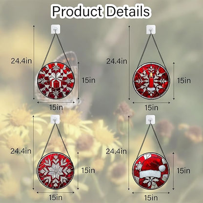 Stained Glass Window Hanging 4 Pcs Set Red Christmas Decorations Theme Large 15" - Suncatcher Door Garden Sun Catcher Decor Birthday for Mom Woman Nana Men Friend Wife