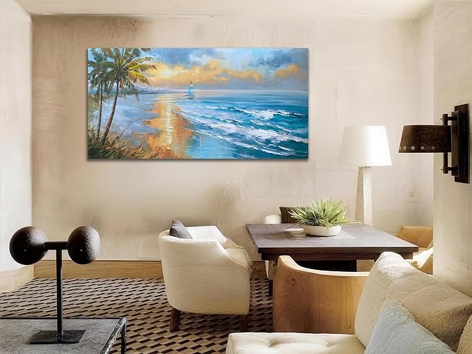 Enartly 3D Textured Seascape Wall Art for Living Room, Ocean Nature Coconut Tree Landscape Canvas Painting Artwork Framed Bedroom Bathroom Hallway Home Office Wall Decor, 40"x20"