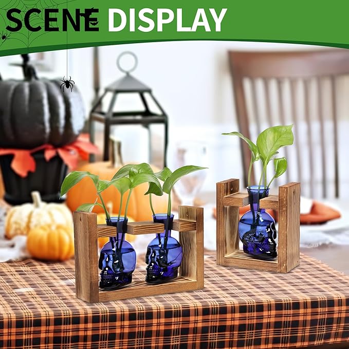 2+1 Plant Terrarium Plant Propagation Station Gifts for Father Halloween Skull Home Office Decor with Wooden Stand