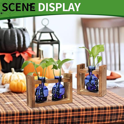 2+1 Plant Terrarium Plant Propagation Station Gifts for Father Halloween Skull Home Office Decor with Wooden Stand
