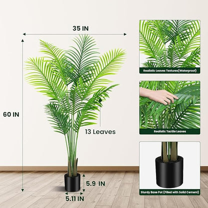 5ft Artificial Palm Tree Indoor Decor with 13Trunks Plant Tall Fake Tropical Palm Tree in Pot Faux Areca Palm Tree for Home Office Living Room Decor Gift（1pack）