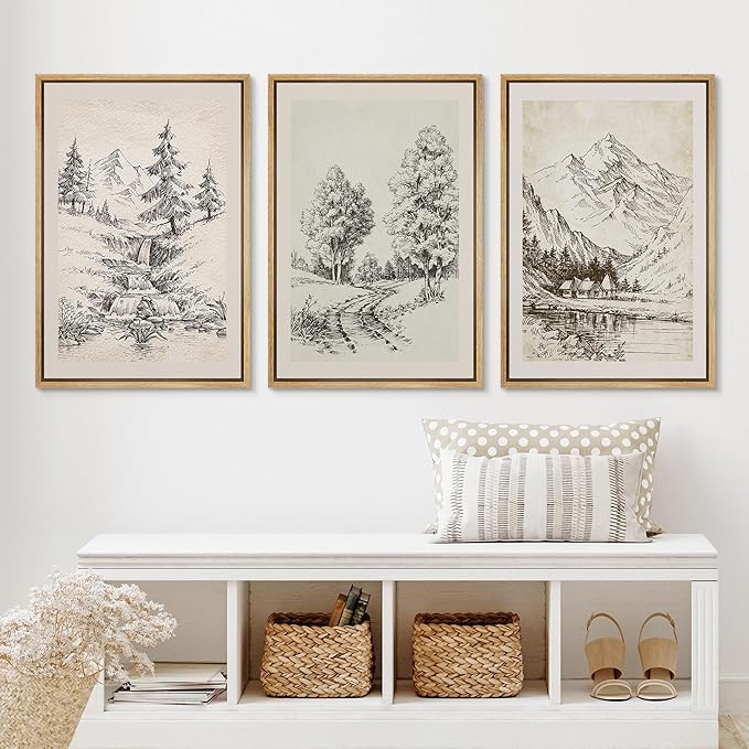Ashbrook Framed Canvas Print Wall Art Set Vintage Country Forest Landscapes Nature Wilderness Illustrations Fine Art Floral Botanical Minimal Calm/Relax/Cozy for Bedroom - 16"x24"x3 NATURAL