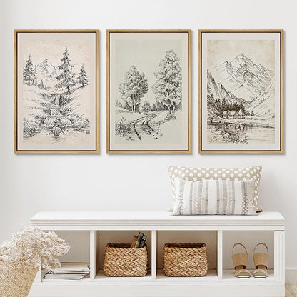 Ashbrook Framed Canvas Print Wall Art Set Vintage Country Forest Landscapes Nature Wilderness Illustrations Fine Art Floral Botanical Minimal Calm/Relax/Cozy for Bedroom - 16"x24"x3 NATURAL