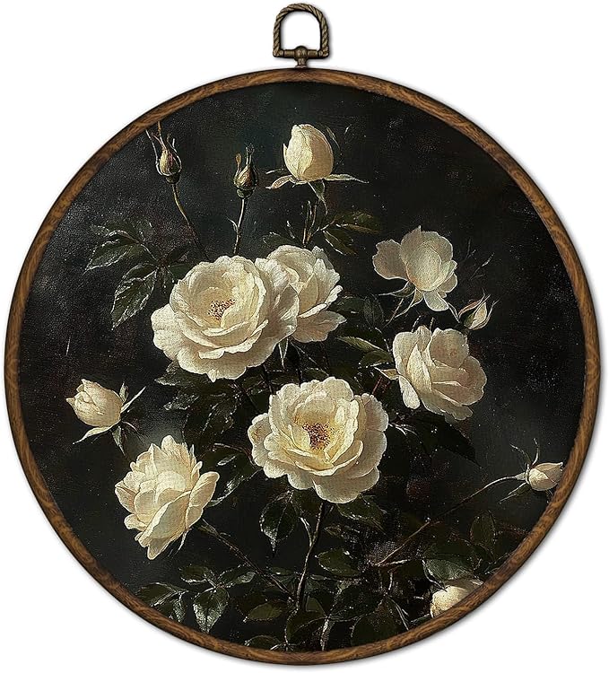 cvjutf Vintge Moody Rose Floral Wall Art Decor Framed, Dark Academia Antique Botanical Floral Round Wall Decor, Retro Dark Cottagecore Flower Canvas Prints Art for Gallery Bedroom Living Room, 10x10