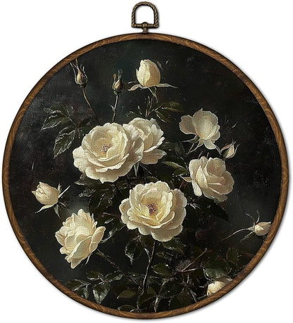 cvjutf Vintge Moody Rose Floral Wall Art Decor Framed, Dark Academia Antique Botanical Floral Round Wall Decor, Retro Dark Cottagecore Flower Canvas Prints Art for Gallery Bedroom Living Room, 10x10