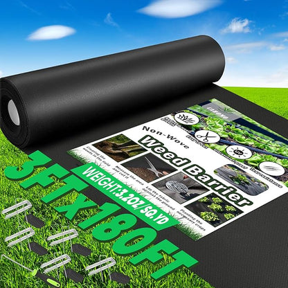 Non-Woven Thick Weed Barrier Fabric 3FT x 180FT, 3.2 oz Heavy Duty Weed Barrier Landscape Fabric, Ground Cover for Superior Weed Control, Easy Setup for Gardens, Landscaping, Flower Beds
