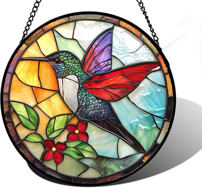 Stained Glass Window Hanging, Hummingbird Gifts Sun Catchers Diamond Glass Panel Hangings Birds Suncatcher Decor for Birthday for Women, Men, Wife, Aunt, and Mom 9.8X9.8IN