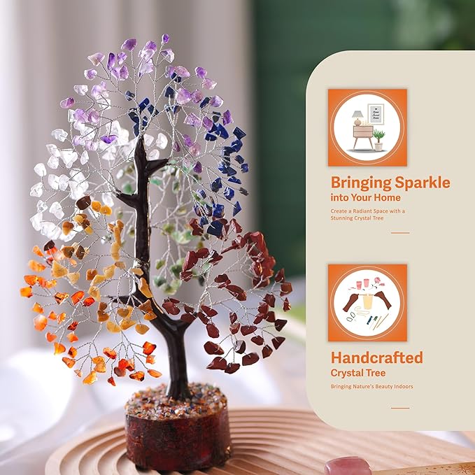 Chakra Crystal Tree - Handmade Healing Crystal Tree with 7 Chakra Stones - Decorative Trees of Life for Meditation, Feng Shui, and Home Decor - Unique Birthday Gifts for Women