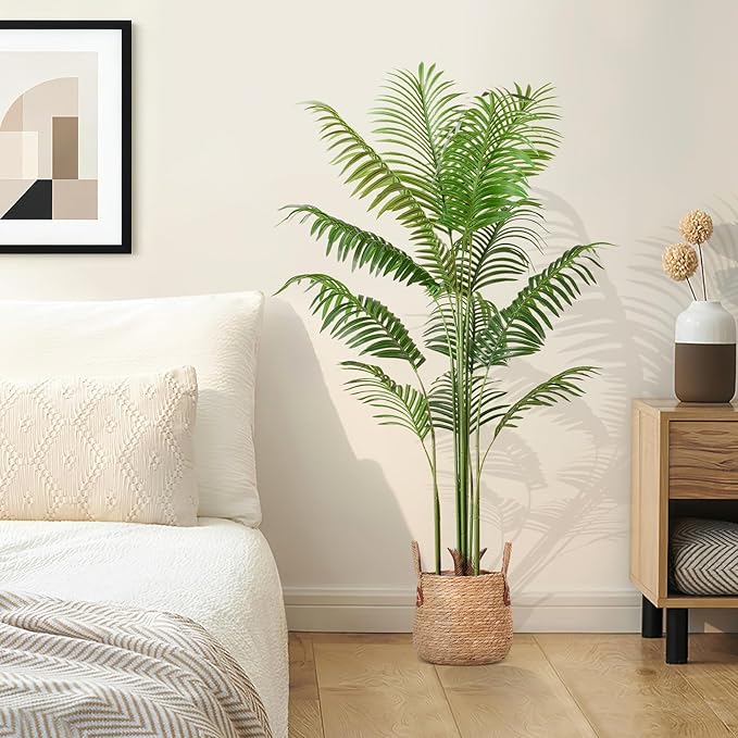 Artificial Palm Tree 5.5FT Tall Fake Tree Nearly Natural Large Tropical Faux Plant Faux Areca Palm Tree with Real Bark Design Artificial Silk Plant for Outdoor Home Office Living Room Decor