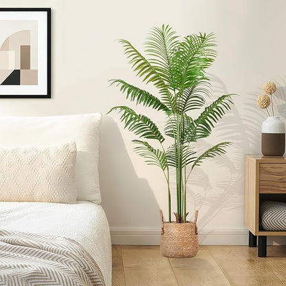 Artificial Palm Tree 5.5FT Tall Fake Tree Nearly Natural Large Tropical Faux Plant Faux Areca Palm Tree with Real Bark Design Artificial Silk Plant for Outdoor Home Office Living Room Decor