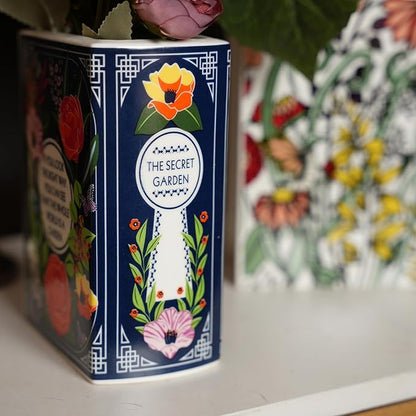 Ceramic Book Vase for Flowers, Home Decor, Cute Bookshelf Accent, Lovers Gifts, Unique Home/Bedroom/Office Decor (Small - Secret Garden)