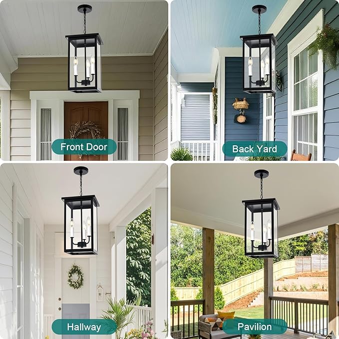 3 Lights Indoor Pendant Light White Outdoor Chandelier Exterior Hanging Fixture Ceiling Mount with Clear Glass Shade Hanging Lantern Light Adjustable Pendant Light for Outdoor Hallway