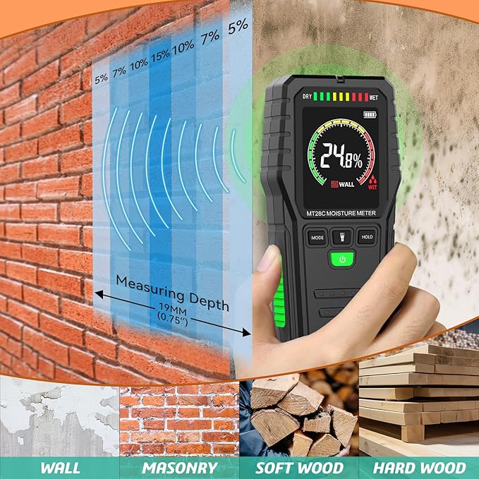 Pinless Moisture Meter for Wall,Floor – Digital Moisture Tester with 3-Color LCD Display, Audible Alarm & HOLD Function – Ideal for Home Inspections (Red_green)
