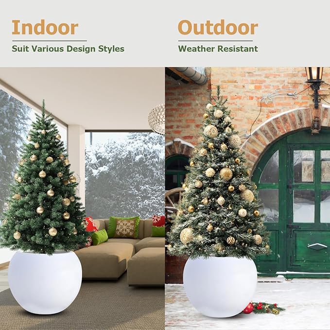 12.8" H x 16" D Globo Fiberstone Round Planter with Drainage Hole, Smooth Finishes, Weather Resistant for Indoor and Outdoor Use, Included 2 Extra Coco Mats (White, 10.7" Pot Opening)