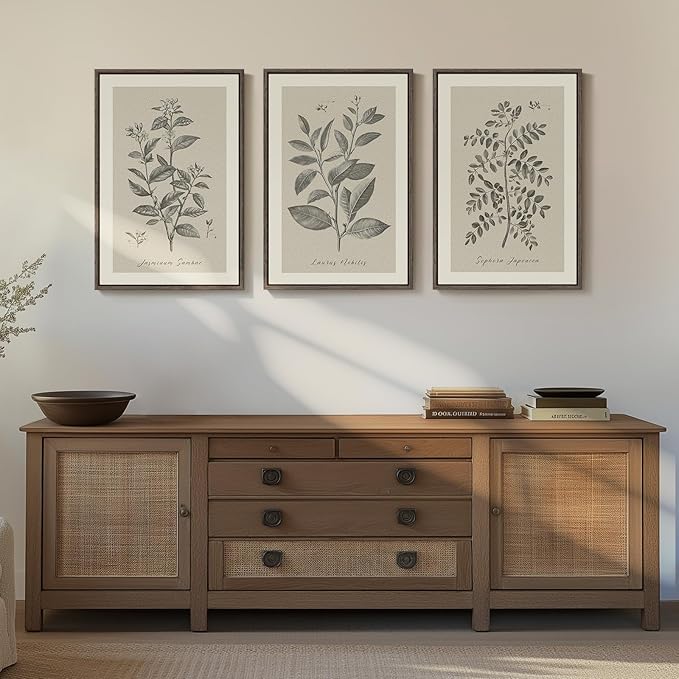 Framed Vintage Botanical Wall Art, 3 Piece Neutral Floral Plants Canvas Painting Prints Artwork for Living Room, Rustic Flowers Pictures for Farmhouse Bedroom Kitchen Dining Room Home Decor, 16x24