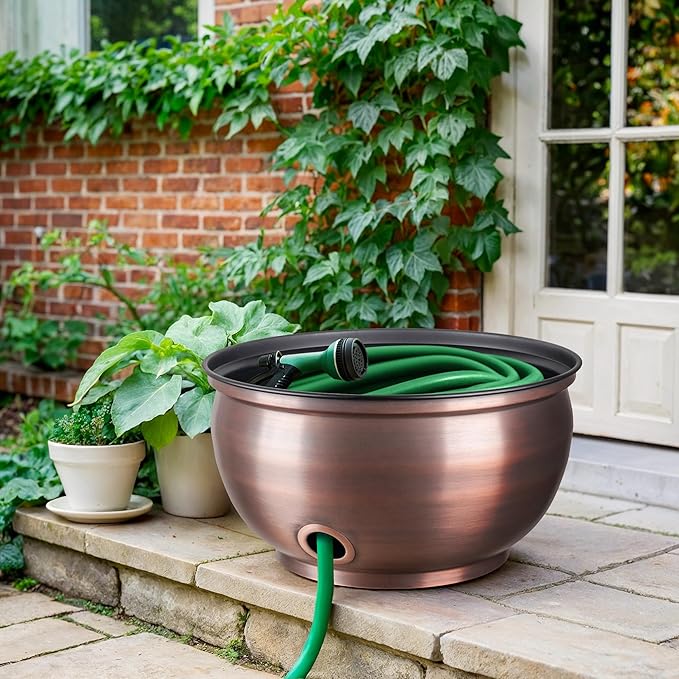 Monarch Abode Garden Hose Holder with Lid – Decorative Water Hose Holders for Outside, Smooth Metal Antique Copper Pot with Drainage, 100ft Waterhose Holder for Outside, Garden Storage Caddy