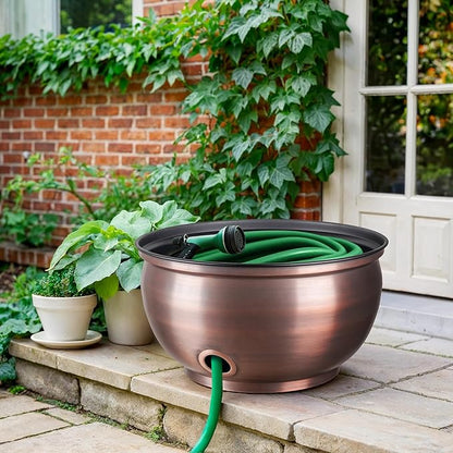 Monarch Abode Garden Hose Holder with Lid – Decorative Water Hose Holders for Outside, Smooth Metal Antique Copper Pot with Drainage, 100ft Waterhose Holder for Outside, Garden Storage Caddy
