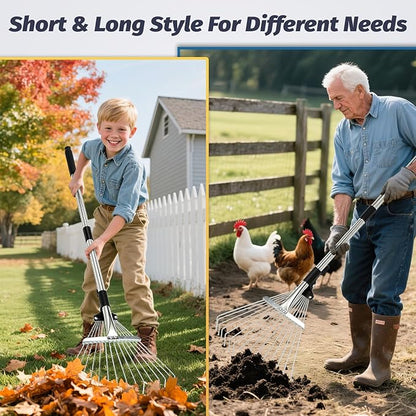 2pc Chicken Poop Scooper & Chicken Coop Rake, Lassume Adjustable 3-Length Cleaning Tools, Heavy Duty Chicken Coop Scooper & Manure Rake for Sand, Leaves, Animal Wastes (62"L Sifting Shovel,15"W Rake)