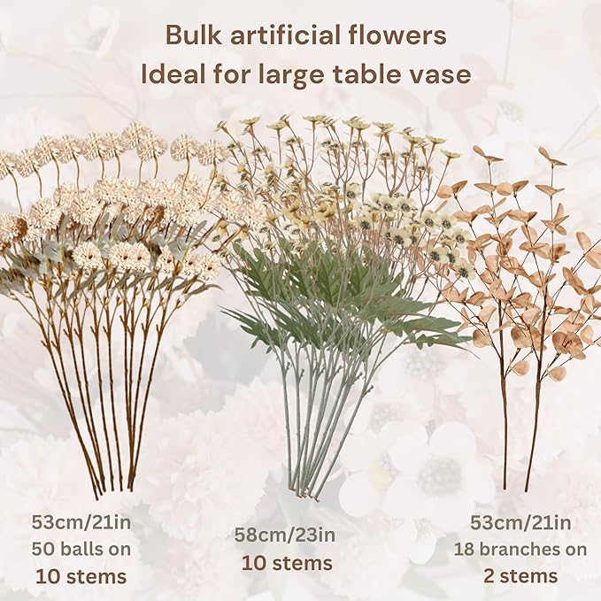 Beige Silk Flower Arrangements Home Decor, Large Floral Centerpieces For Tables, 22 Long Stems Fake Mums + Eucalyptus + Wild Flowers in Bulk, Artificial Flowers Coffee Dining Table, Faux Mums Flowers