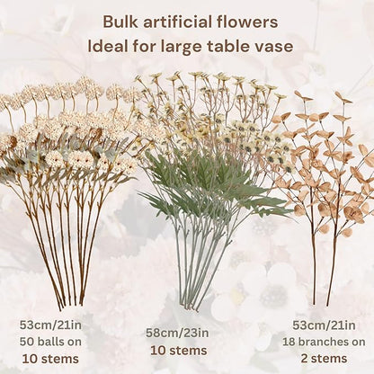 Beige Silk Flower Arrangements Home Decor, Large Floral Centerpieces For Tables, 22 Long Stems Fake Mums + Eucalyptus + Wild Flowers in Bulk, Artificial Flowers Coffee Dining Table, Faux Mums Flowers