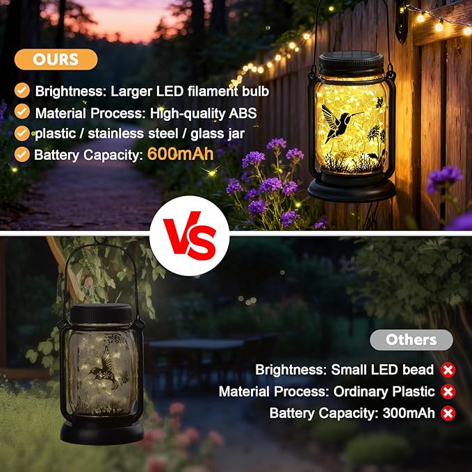 Hummingbird Solar Lanterns Outdoor Waterproof -Birthday, Mothers Day Gifts for Women Mom Grandma, Mason Jar Garden Lights for Patio, Yard, Porch, Balcony, Durable Garden Decor