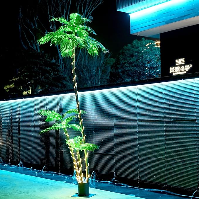 Solar Artificial Palm Tree Christmas Tree 7Ft 3Trunks 260LED Lighted Simulation Tropical Palm Tree Fake Plant Light for Patio Home Office Beach Yard Cruise Party Tiki Bar Decorations