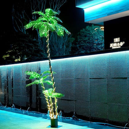 Solar Artificial Palm Tree Christmas Tree 7Ft 3Trunks 260LED Lighted Simulation Tropical Palm Tree Fake Plant Light for Patio Home Office Beach Yard Cruise Party Tiki Bar Decorations