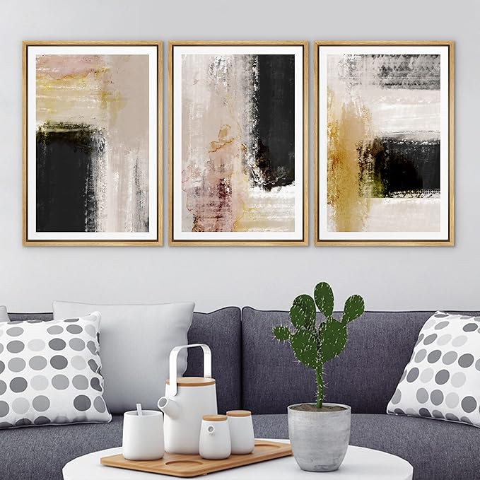 Ashbrook Framed Wall Art Print Set Brown, Black, Yellow Color Block Landscape Abstract Shapes Illustrations Modern Art Boho Scenic Colorful for Living Room, Bedroom, Office - 16"x24"x3 Natural