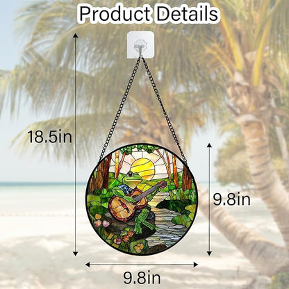Stained Glass Window Hanging, Frog Playing Guitar Suncatcher Diamond Glass Panel Funny Sun Catchers Decor for Birthday for Women, Men, Wife, Aunt, and Mom 9.8 in