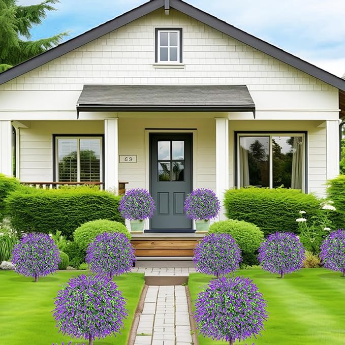 27.5" Artificial Lavender Boxwood Topiary Ball Trees, Set of 2 Fake Shrubs Bushes with Ground Spike, UV Resistant Faux Evergreen Tree for Front Porch Outdoor Garden Decor