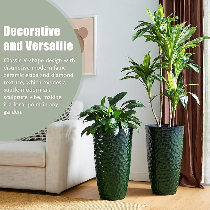 Glitzhome 23.75" H Oversized Tall Planter, Large Planters for Outdoor Plants, Set of 2 Honeycomb Textured Gradient Green Tall Planters with Drainage Holes, Modern Flower Pots for Porch Indoor Garden