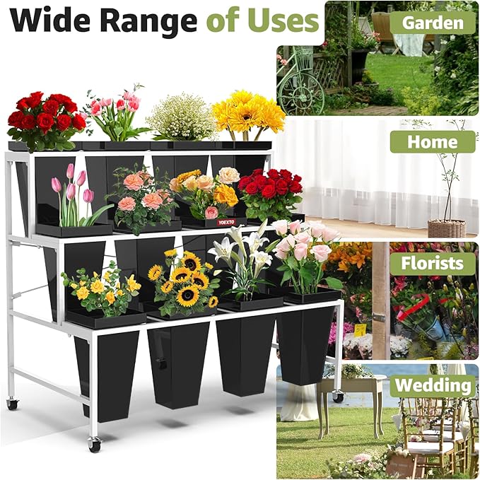 3 Layers Flower Display Stand with Buckets, 12 PCS Buckets Plant Stand with Wheels, Movable Metal Plant Stand for Terrace Garden, Living Room, Florist Shop