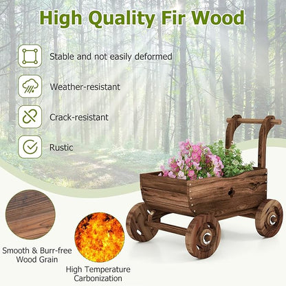 S AFSTAR Wooden Wagon Planter Box, Mobile Garden Planter with 4 Wheels, Handle, Drain Hole, Decorative Plant Wagon for Indoor & Outdoor Decor, Decorative Flower Cart for Patio, Garden, Balcony, Brown