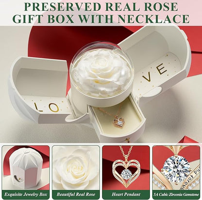 Preserved White Rose with Heart Necklace, Eternal Real Rose, Romantic Rose Flower Gifts for Women, Mom, Wife, Girlfriend, Anniversary, Birthday, Mother’s Day, Valentines Day(White)