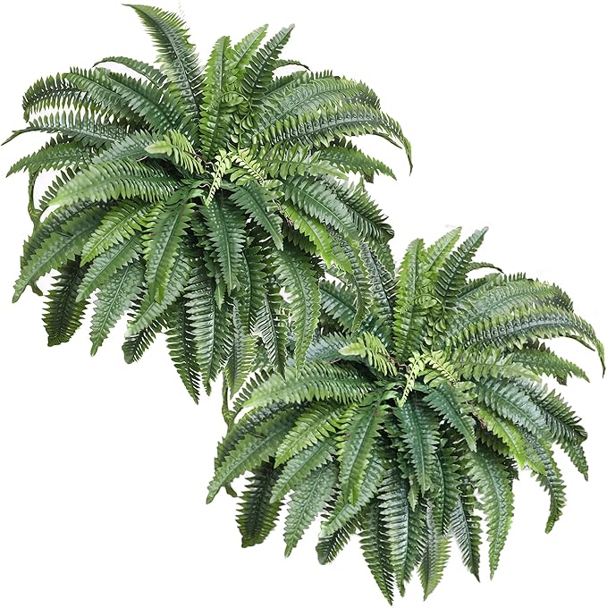 KOL 2-Pack 45in Artificial Boston Ferns, Green Large Faux Fern Bushes with Bendable Stems for Hanging or Floor Display, Living Room Wedding Indoor Outdoor Decor