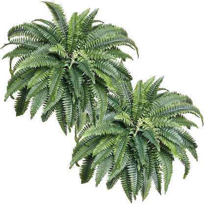 KOL 2-Pack 45in Artificial Boston Ferns, Green Large Faux Fern Bushes with Bendable Stems for Hanging or Floor Display, Living Room Wedding Indoor Outdoor Decor