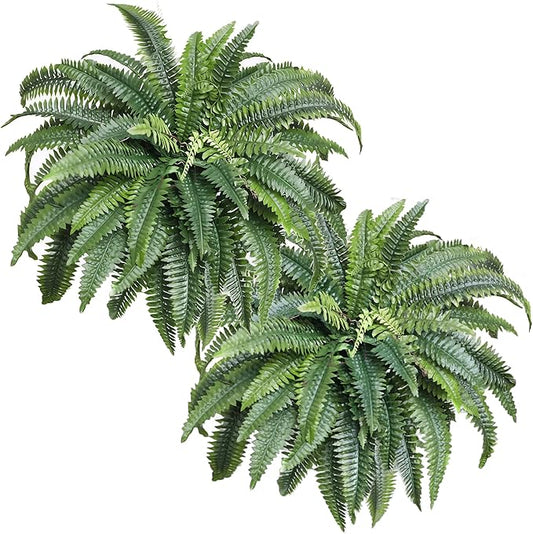 KOL 2-Pack 45in Artificial Boston Ferns, Green Large Faux Fern Bushes with Bendable Stems for Hanging or Floor Display, Living Room Wedding Indoor Outdoor Decor