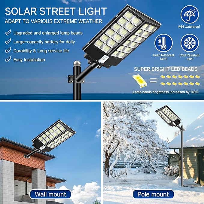 Solar Street Light 9000W, Street Light Outdoor High Lumens, Parking Lot Lights 7000K, Solar Lights Outdoor Motion Sensor Dusk to Dawn for Parking Lot, 2 Pack